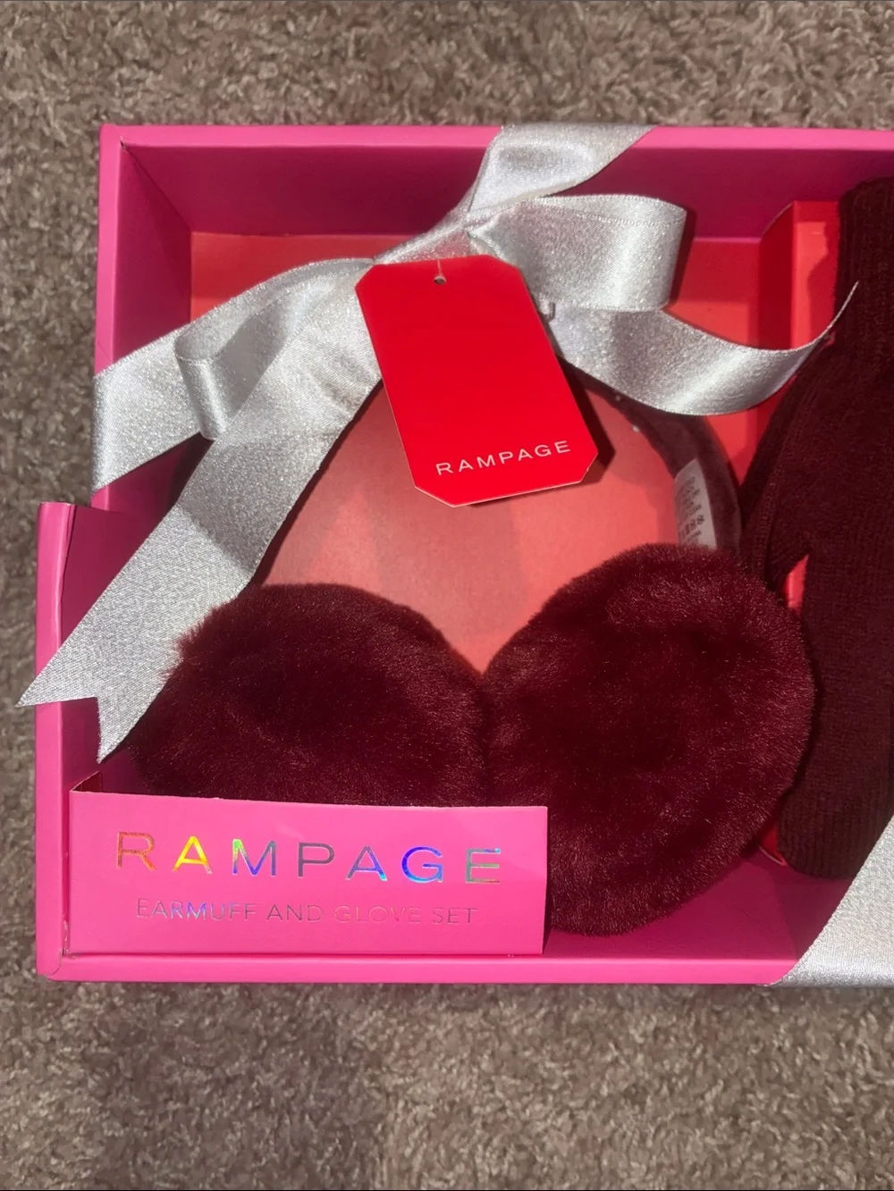 Rampage Burgundy Plush Mittens and Ear Muffs Set